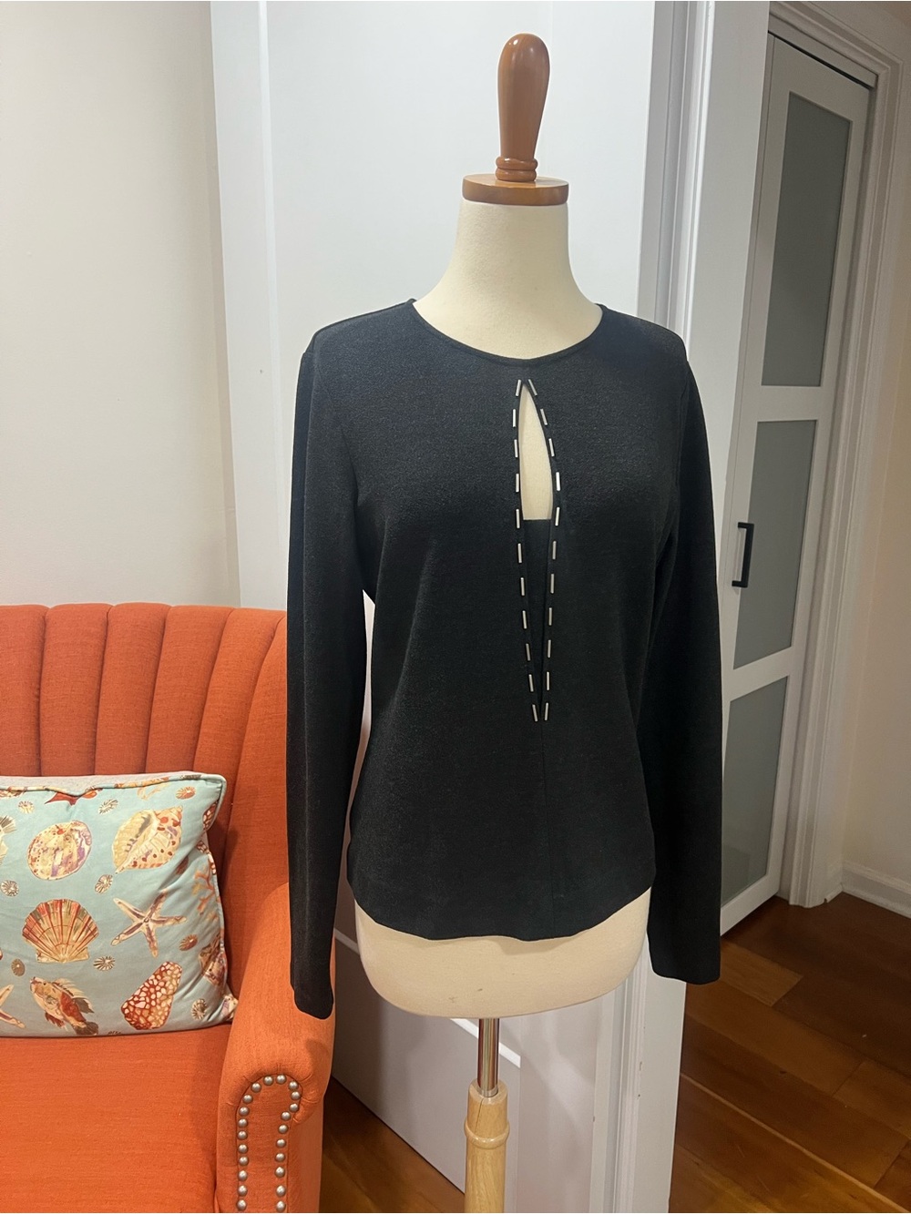 Worth Black Long-Sleeve Knit Top with Center Vertical Cutout